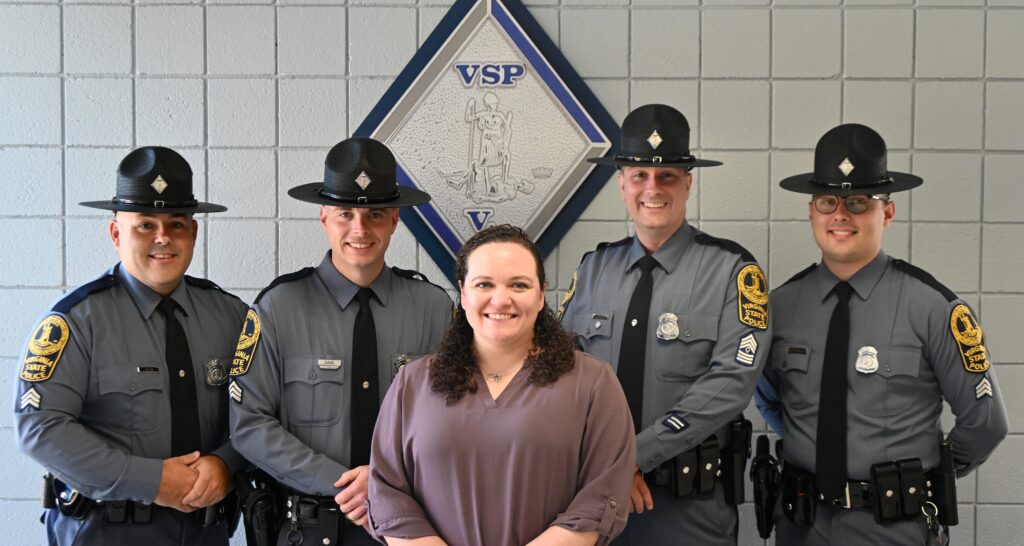 From left to right: Sergeant Keen, Sergeant Davis, Christina Mann, First Sergeant Okes, and Sergeant Raccanello